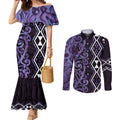 Purple Aotearoa Couples Matching Mermaid Dress and Long Sleeve Button Shirt Taniko Motifs With Paua Shell Kowhaiwhai