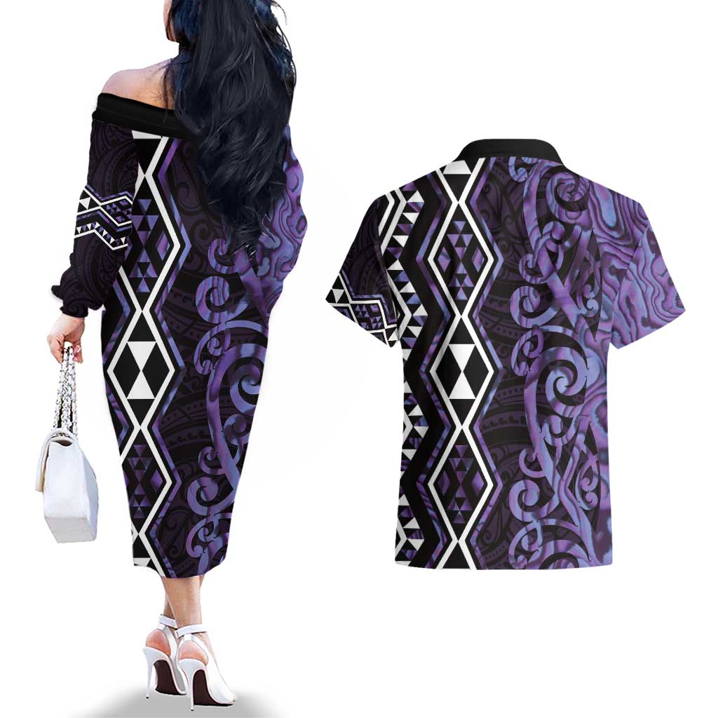 Purple Aotearoa Couples Matching Off The Shoulder Long Sleeve Dress and Hawaiian Shirt Taniko Motifs With Paua Shell Kowhaiwhai