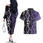 Purple Aotearoa Couples Matching Off The Shoulder Long Sleeve Dress and Hawaiian Shirt Taniko Motifs With Paua Shell Kowhaiwhai
