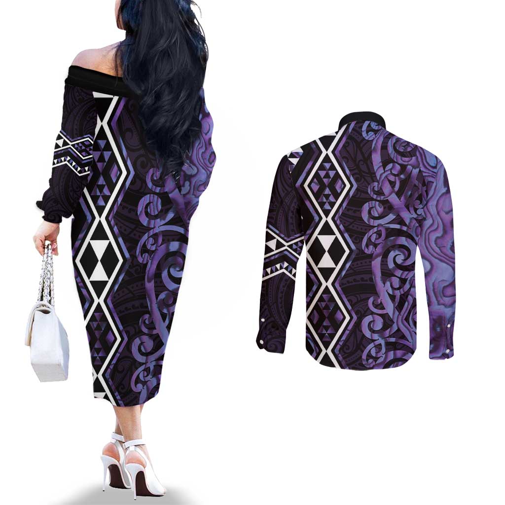 Purple Aotearoa Couples Matching Off The Shoulder Long Sleeve Dress and Long Sleeve Button Shirt Taniko Motifs With Paua Shell Kowhaiwhai
