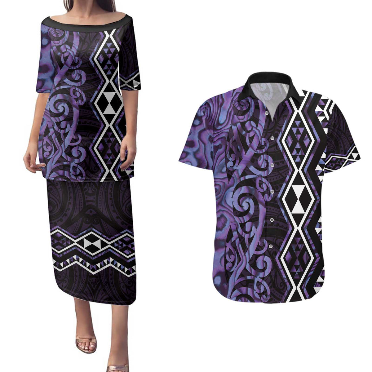 Purple Aotearoa Couples Matching Puletasi and Hawaiian Shirt Taniko Motifs With Paua Shell Kowhaiwhai