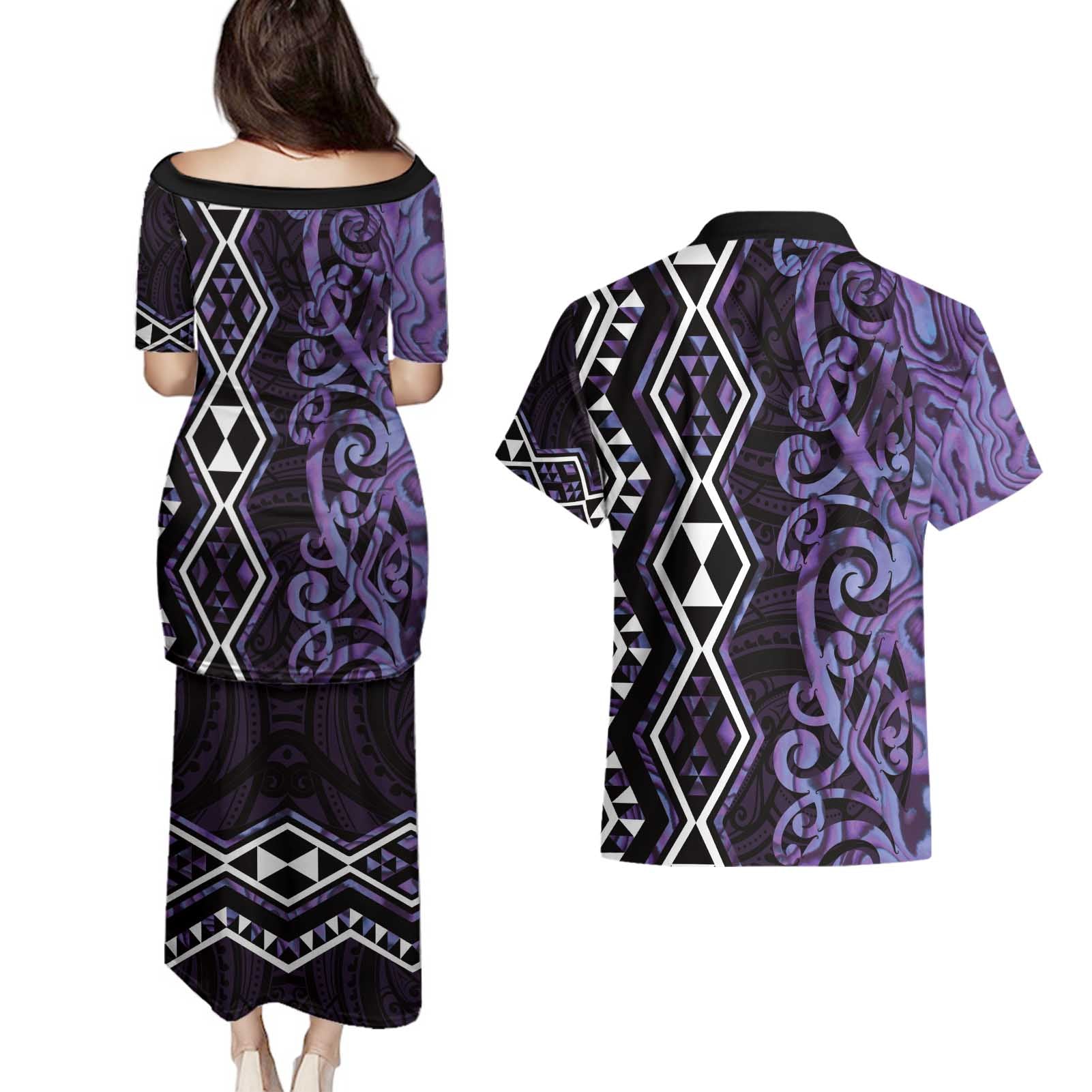 Purple Aotearoa Couples Matching Puletasi and Hawaiian Shirt Taniko Motifs With Paua Shell Kowhaiwhai