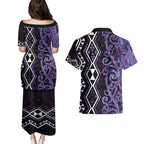 Purple Aotearoa Couples Matching Puletasi and Hawaiian Shirt Taniko Motifs With Paua Shell Kowhaiwhai
