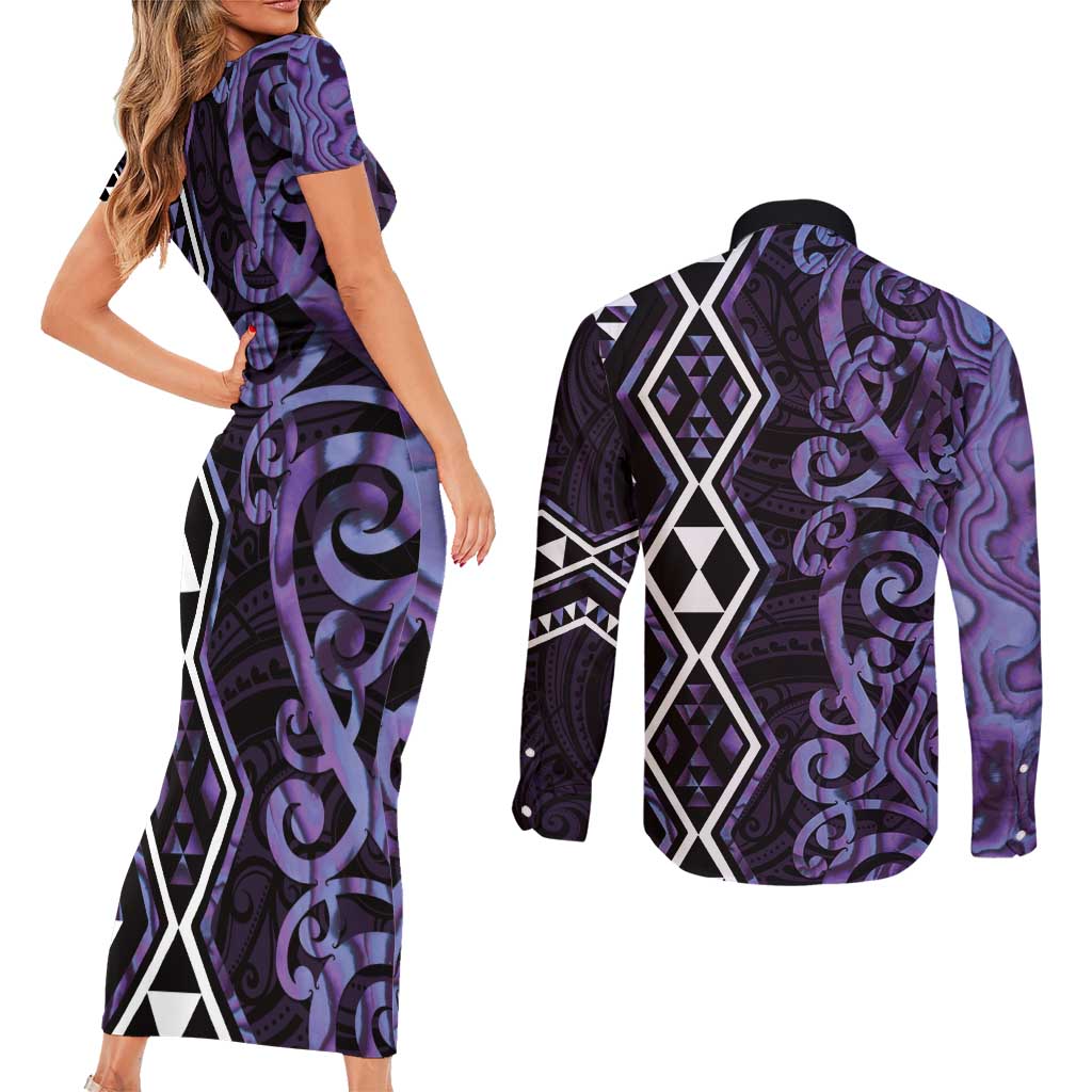 Purple Aotearoa Couples Matching Short Sleeve Bodycon Dress and Long Sleeve Button Shirt Taniko Motifs With Paua Shell Kowhaiwhai