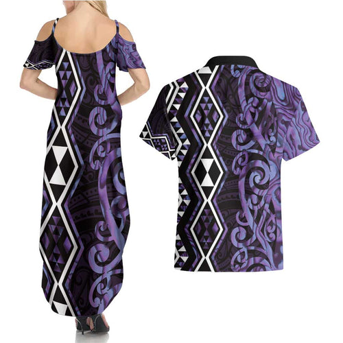 Purple Aotearoa Couples Matching Summer Maxi Dress and Hawaiian Shirt Taniko Motifs With Paua Shell Kowhaiwhai