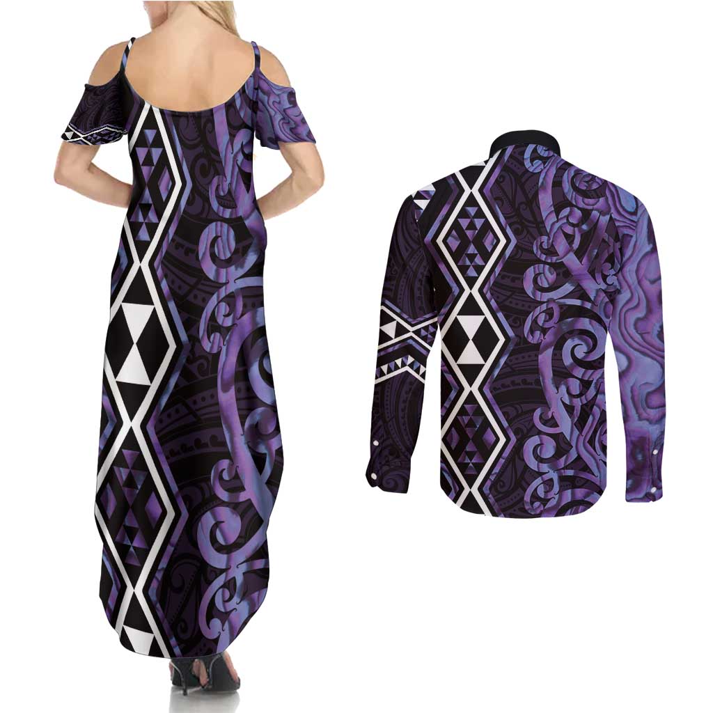 Purple Aotearoa Couples Matching Summer Maxi Dress and Long Sleeve Button Shirt Taniko Motifs With Paua Shell Kowhaiwhai
