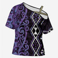 Purple Aotearoa Cross Shoulder Shirt Taniko Motifs With Paua Shell Kowhaiwhai - Aussie Hoodie
