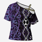 Purple Aotearoa Cross Shoulder Shirt Taniko Motifs With Paua Shell Kowhaiwhai - Aussie Hoodie