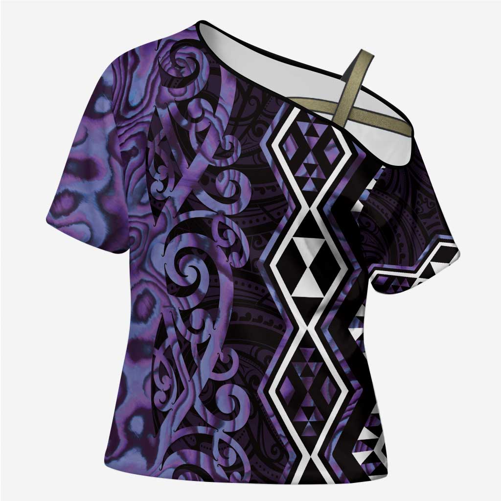 Purple Aotearoa Cross Shoulder Shirt Taniko Motifs With Paua Shell Kowhaiwhai - Aussie Hoodie