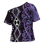 Purple Aotearoa Cross Shoulder Shirt Taniko Motifs With Paua Shell Kowhaiwhai - Aussie Hoodie