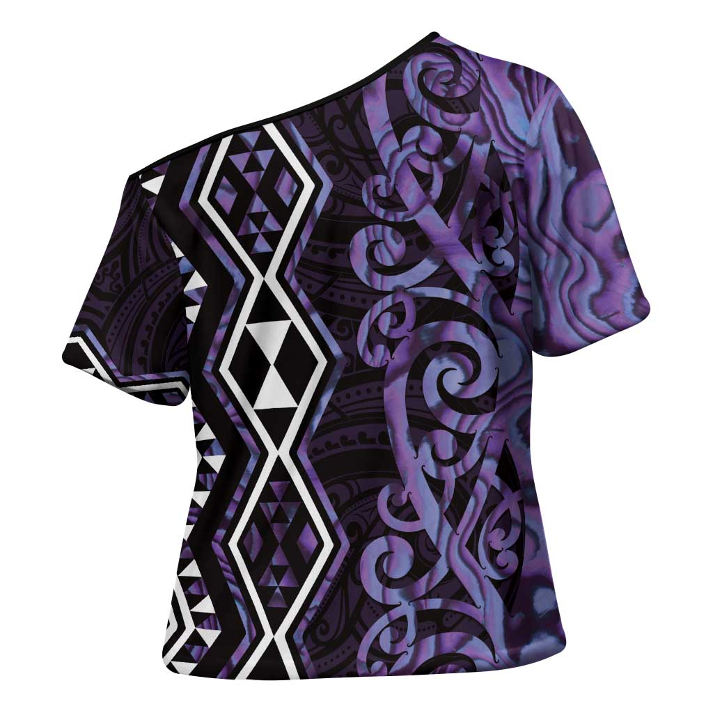 Purple Aotearoa Cross Shoulder Shirt Taniko Motifs With Paua Shell Kowhaiwhai - Aussie Hoodie