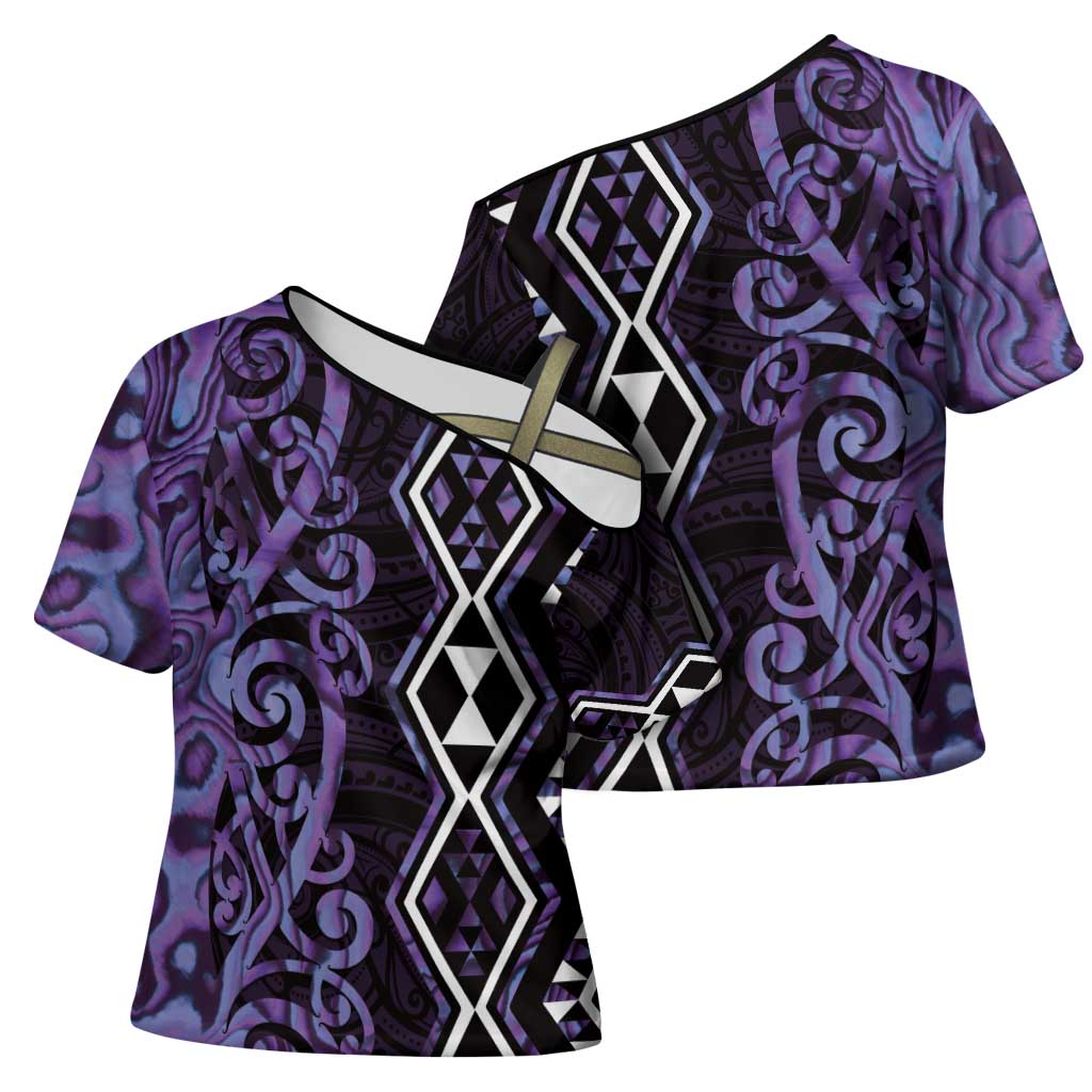 Purple Aotearoa Cross Shoulder Shirt Taniko Motifs With Paua Shell Kowhaiwhai - Aussie Hoodie