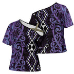 Purple Aotearoa Cross Shoulder Shirt Taniko Motifs With Paua Shell Kowhaiwhai - Aussie Hoodie