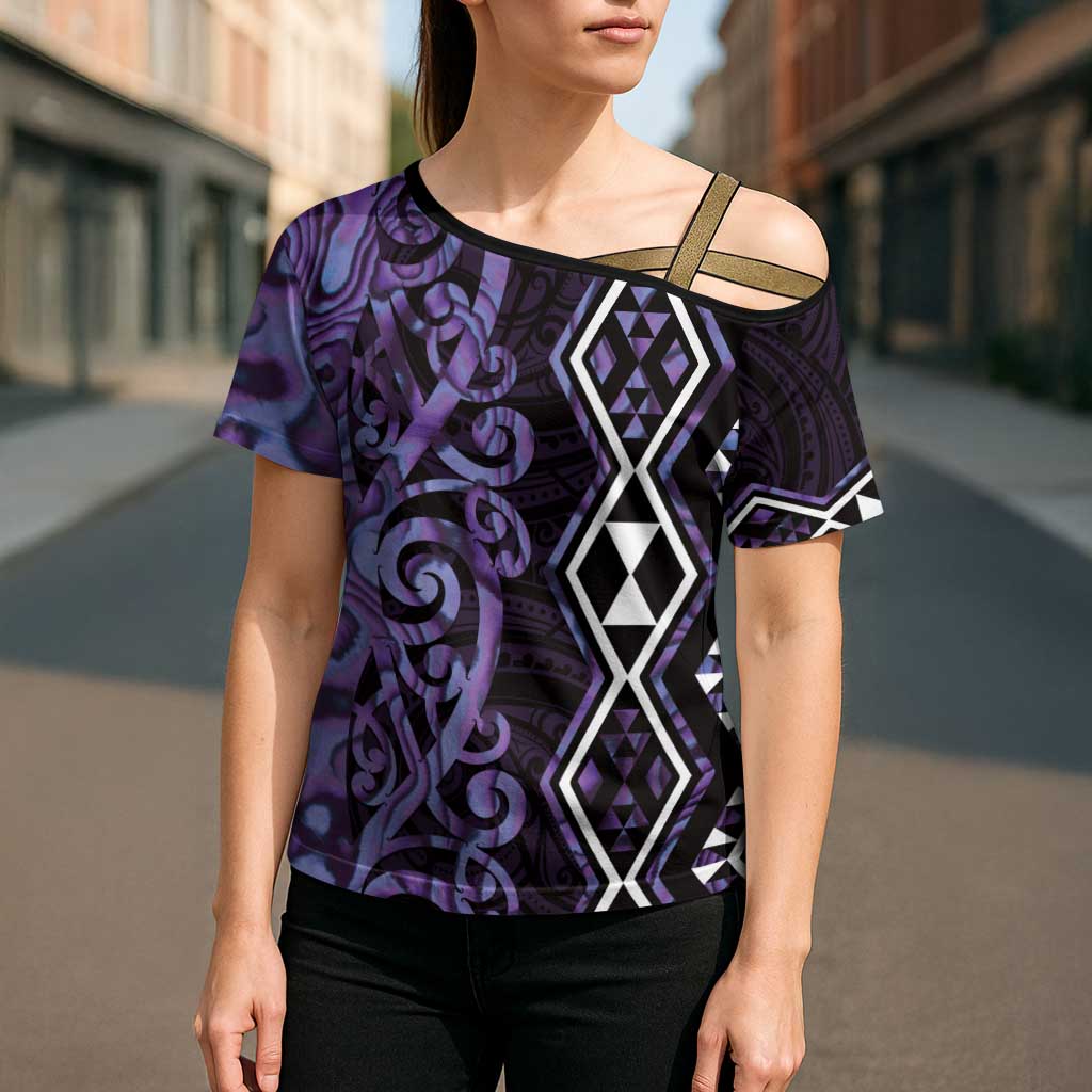 Purple Aotearoa Cross Shoulder Shirt Taniko Motifs With Paua Shell Kowhaiwhai - Aussie Hoodie
