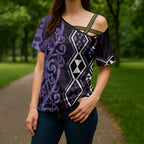 Purple Aotearoa Cross Shoulder Shirt Taniko Motifs With Paua Shell Kowhaiwhai - Aussie Hoodie