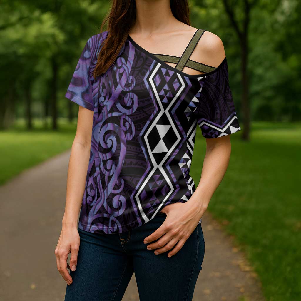 Purple Aotearoa Cross Shoulder Shirt Taniko Motifs With Paua Shell Kowhaiwhai - Aussie Hoodie