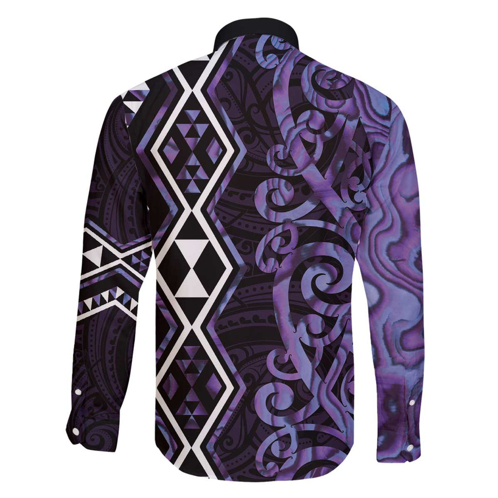 Purple Aotearoa Family Matching Off The Shoulder Long Sleeve Dress and Hawaiian Shirt Taniko Motifs With Paua Shell Kowhaiwhai