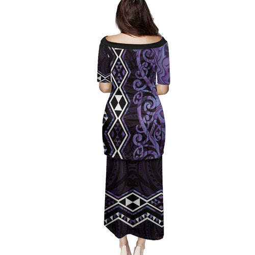 Purple Aotearoa Family Matching Puletasi and Hawaiian Shirt Taniko Motifs With Paua Shell Kowhaiwhai