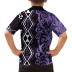 Purple Aotearoa Family Matching Short Sleeve Bodycon Dress and Hawaiian Shirt Taniko Motifs With Paua Shell Kowhaiwhai