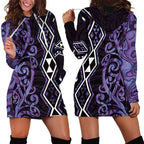 Purple Aotearoa Hoodie Dress Taniko Motifs With Paua Shell Kowhaiwhai