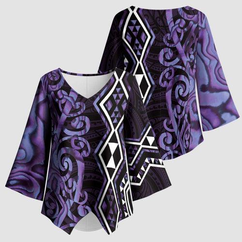 Purple Aotearoa Kimono Sleeve Blouse Taniko Motifs With Paua Shell Kowhaiwhai - Aussie Hoodie