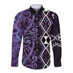 Purple Aotearoa Long Sleeve Button Shirt Taniko Motifs With Paua Shell Kowhaiwhai