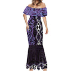 Purple Aotearoa Mermaid Dress Taniko Motifs With Paua Shell Kowhaiwhai