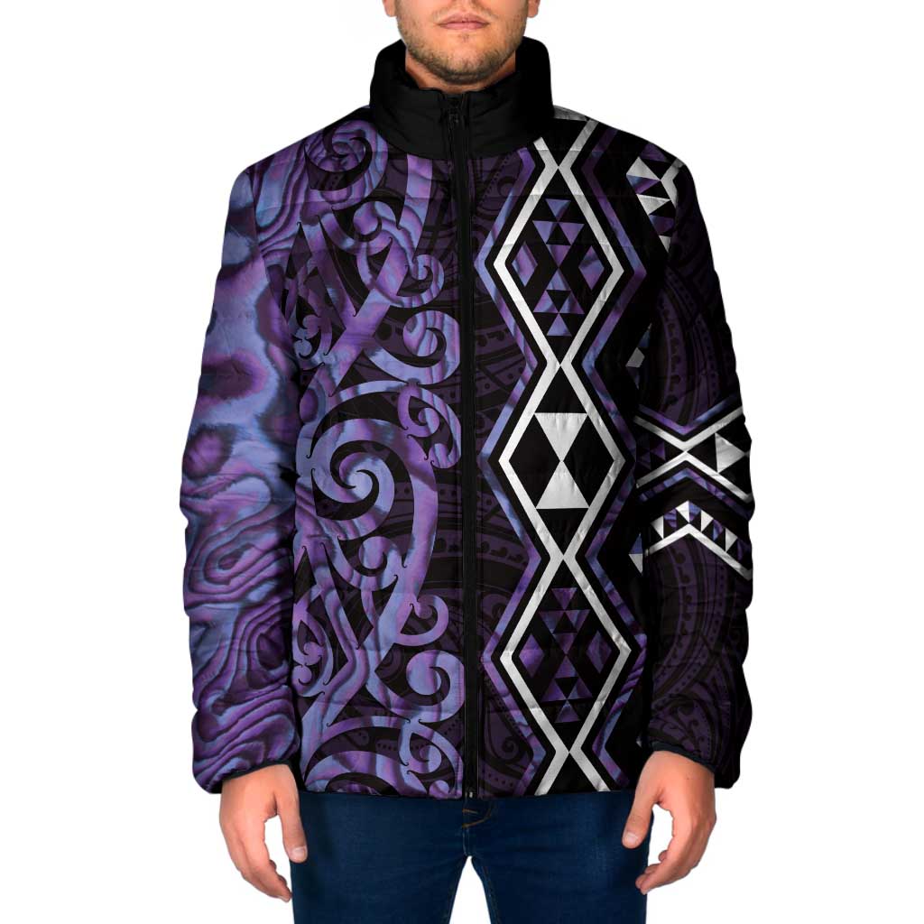 Purple Aotearoa Padded Jacket Taniko Motifs With Paua Shell Kowhaiwhai - Aussie Hoodie