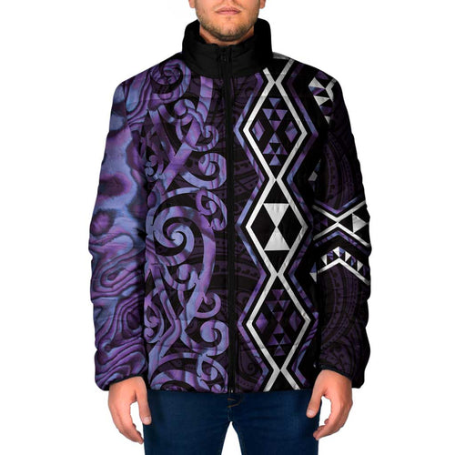 Purple Aotearoa Padded Jacket Taniko Motifs With Paua Shell Kowhaiwhai - Aussie Hoodie