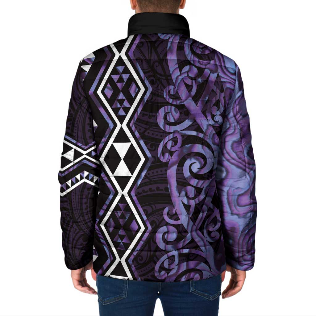 Purple Aotearoa Padded Jacket Taniko Motifs With Paua Shell Kowhaiwhai - Aussie Hoodie