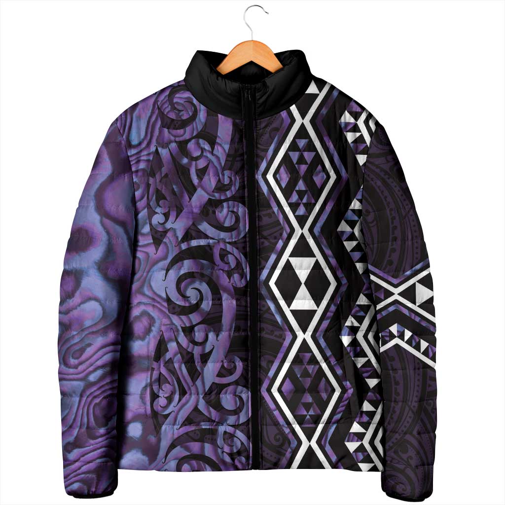 Purple Aotearoa Padded Jacket Taniko Motifs With Paua Shell Kowhaiwhai - Aussie Hoodie