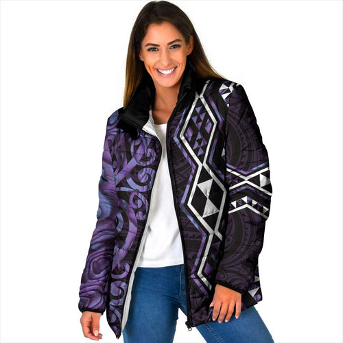Purple Aotearoa Padded Jacket Taniko Motifs With Paua Shell Kowhaiwhai - Aussie Hoodie