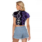Purple Aotearoa Raglan Cropped T Shirt Taniko Motifs With Paua Shell Kowhaiwhai