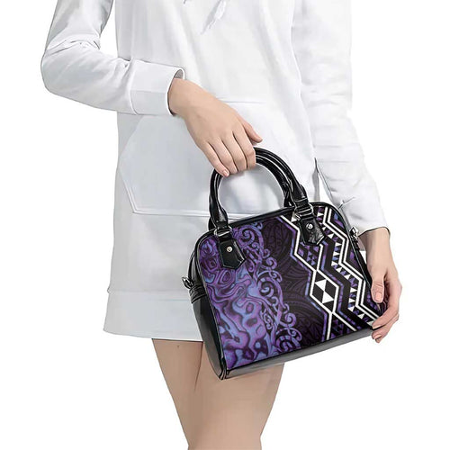 Purple Aotearoa Shoulder Handbag Taniko Motifs With Paua Shell Kowhaiwhai