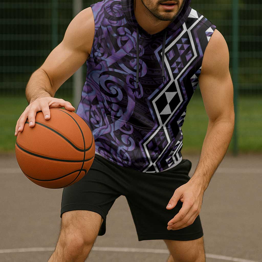 Purple Aotearoa Sleeveless Hoodie Taniko Motifs With Paua Shell Kowhaiwhai - Aussie Hoodie