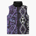 Purple Aotearoa Sleeveless Puffer Jacket Taniko Motifs With Paua Shell Kowhaiwhai - Aussie Hoodie