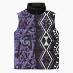 Purple Aotearoa Sleeveless Puffer Jacket Taniko Motifs With Paua Shell Kowhaiwhai - Aussie Hoodie