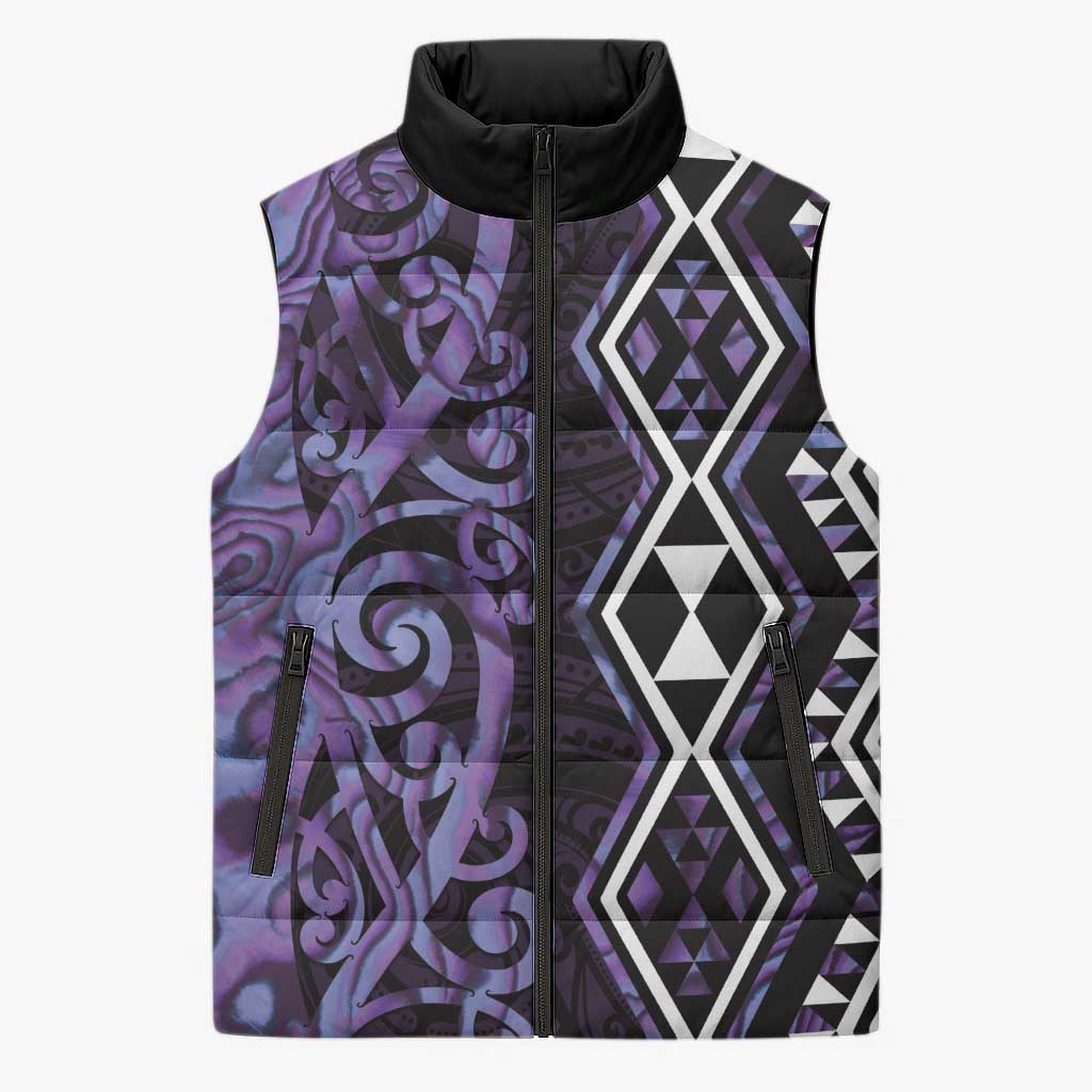 Purple Aotearoa Sleeveless Puffer Jacket Taniko Motifs With Paua Shell Kowhaiwhai - Aussie Hoodie