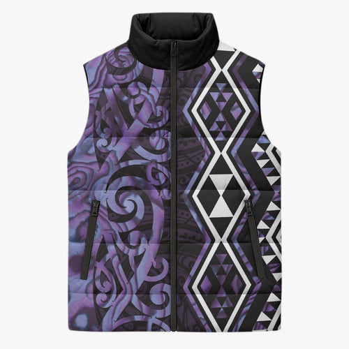 Purple Aotearoa Sleeveless Puffer Jacket Taniko Motifs With Paua Shell Kowhaiwhai - Aussie Hoodie