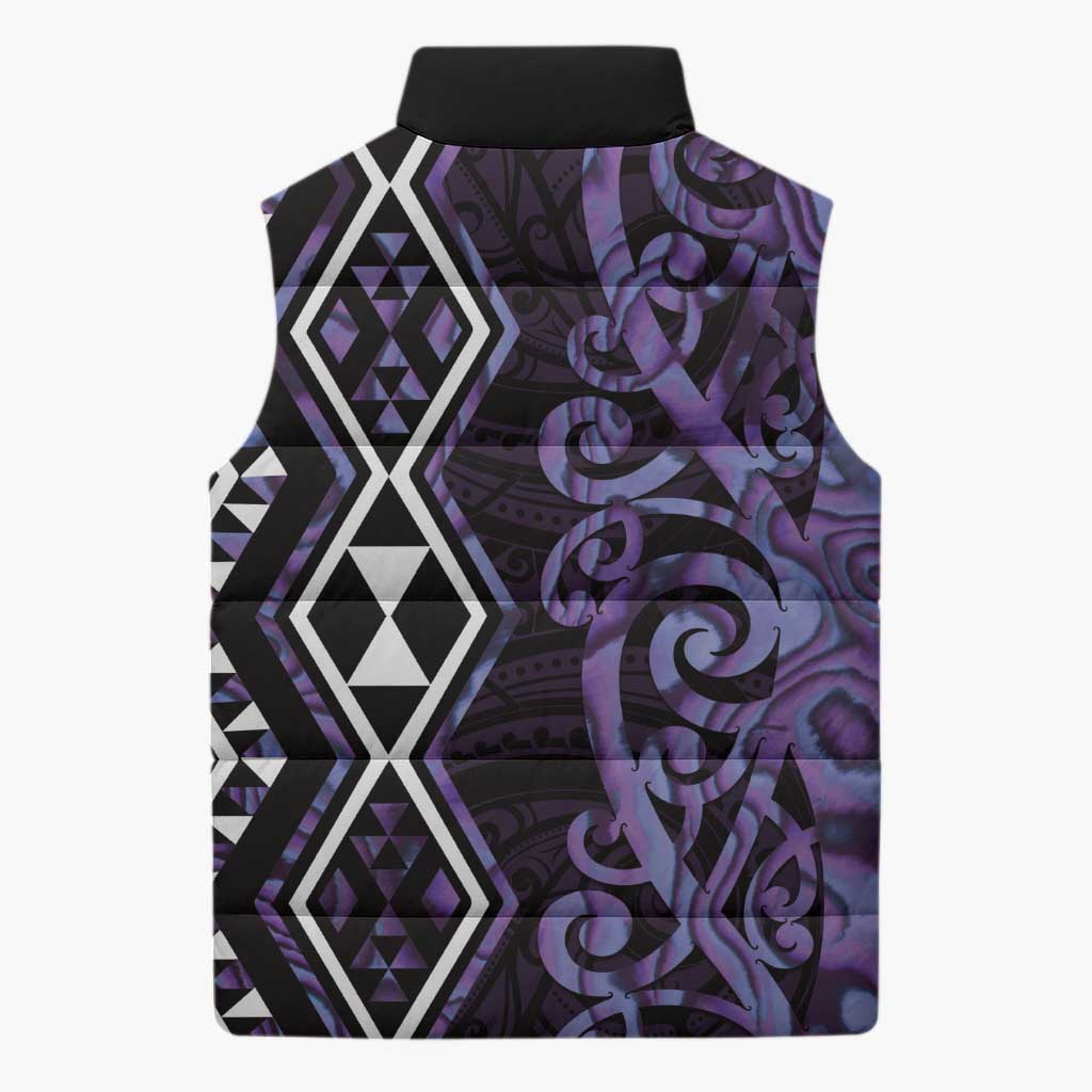 Purple Aotearoa Sleeveless Puffer Jacket Taniko Motifs With Paua Shell Kowhaiwhai - Aussie Hoodie