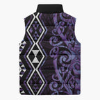 Purple Aotearoa Sleeveless Puffer Jacket Taniko Motifs With Paua Shell Kowhaiwhai - Aussie Hoodie