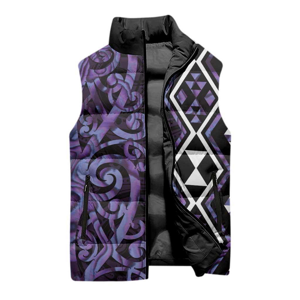 Purple Aotearoa Sleeveless Puffer Jacket Taniko Motifs With Paua Shell Kowhaiwhai - Aussie Hoodie