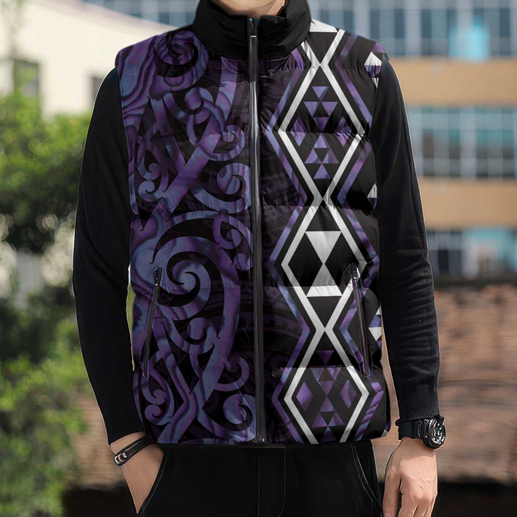 Purple Aotearoa Sleeveless Puffer Jacket Taniko Motifs With Paua Shell Kowhaiwhai - Aussie Hoodie