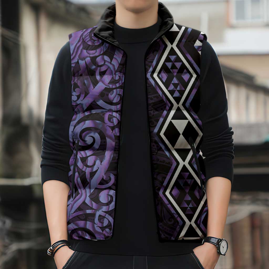 Purple Aotearoa Sleeveless Puffer Jacket Taniko Motifs With Paua Shell Kowhaiwhai - Aussie Hoodie