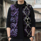 Purple Aotearoa Sleeveless Puffer Jacket Taniko Motifs With Paua Shell Kowhaiwhai - Aussie Hoodie