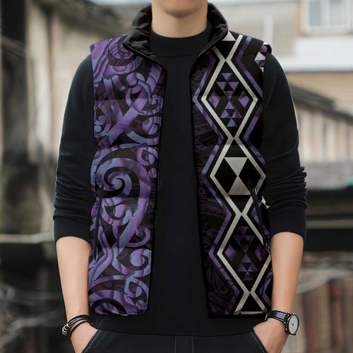 Purple Aotearoa Sleeveless Puffer Jacket Taniko Motifs With Paua Shell Kowhaiwhai - Aussie Hoodie