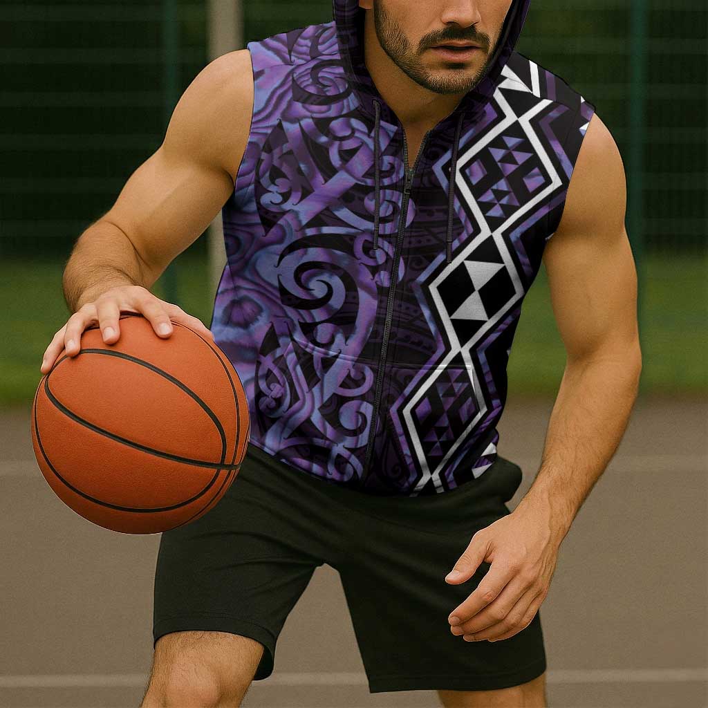 Purple Aotearoa Sleeveless Zip Hoodie Taniko Motifs With Paua Shell Kowhaiwhai LT14