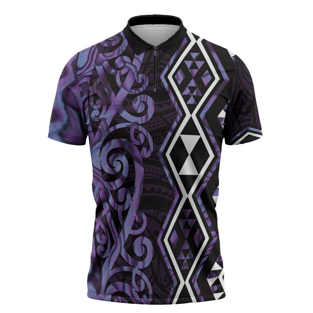 Purple Aotearoa Zipper Polo Shirt Taniko Motifs With Paua Shell Kowhaiwhai - Aussie Hoodie