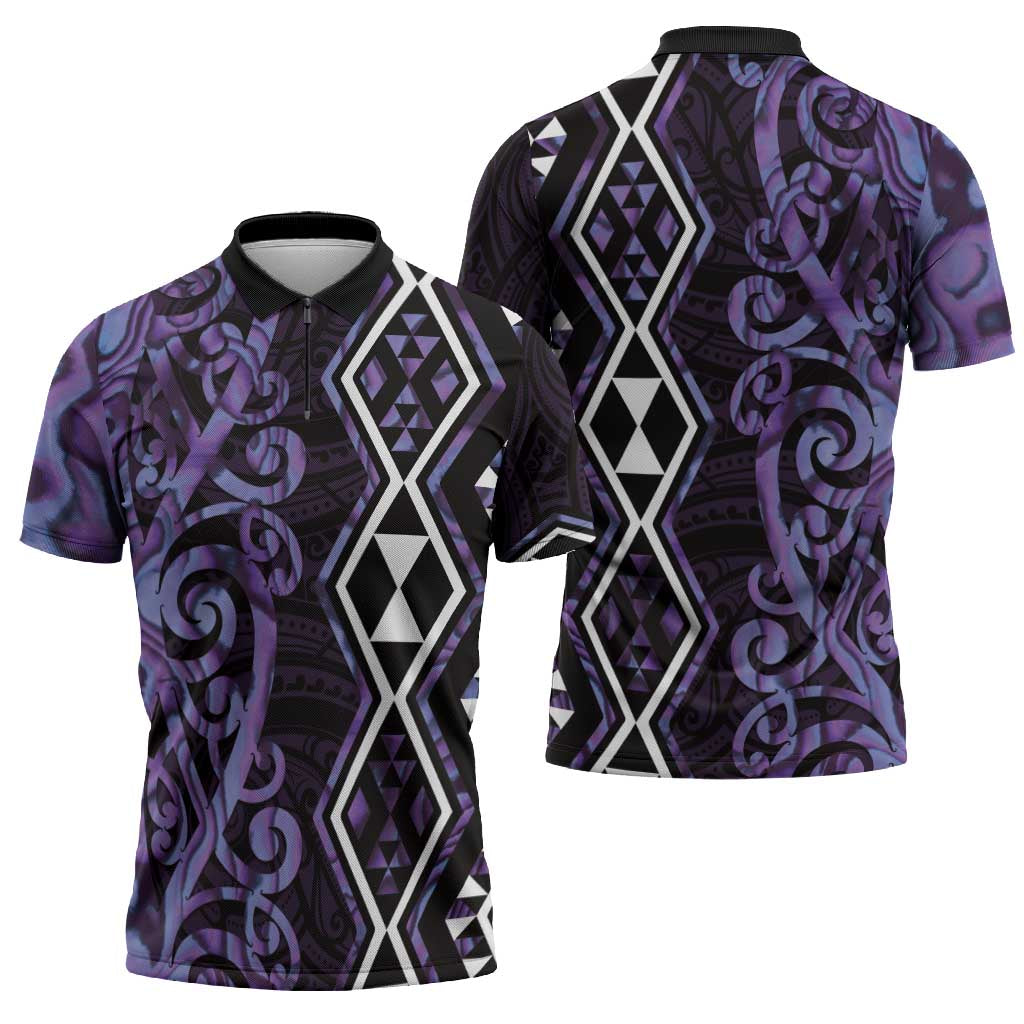 Purple Aotearoa Zipper Polo Shirt Taniko Motifs With Paua Shell Kowhaiwhai - Aussie Hoodie