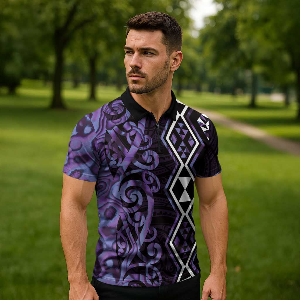 Purple Aotearoa Zipper Polo Shirt Taniko Motifs With Paua Shell Kowhaiwhai - Aussie Hoodie